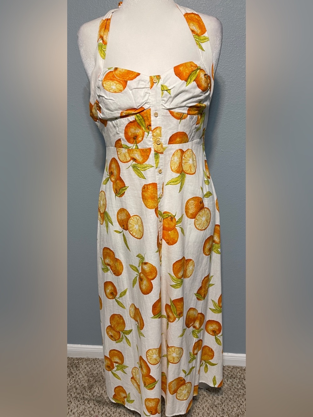 Zara Citrus Print Halter Midi Dress White Orange Fruit Sundress Coastal Large